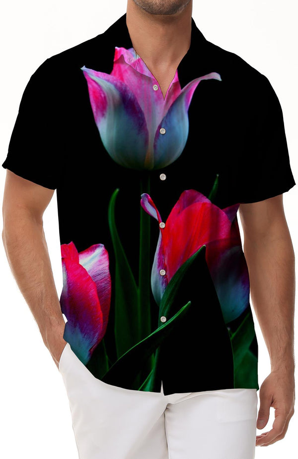Heather and Tulip Men's Hawaiian Shirt Short Sleeve Button Down Summer Beach Casual Shirt Printed Pattern