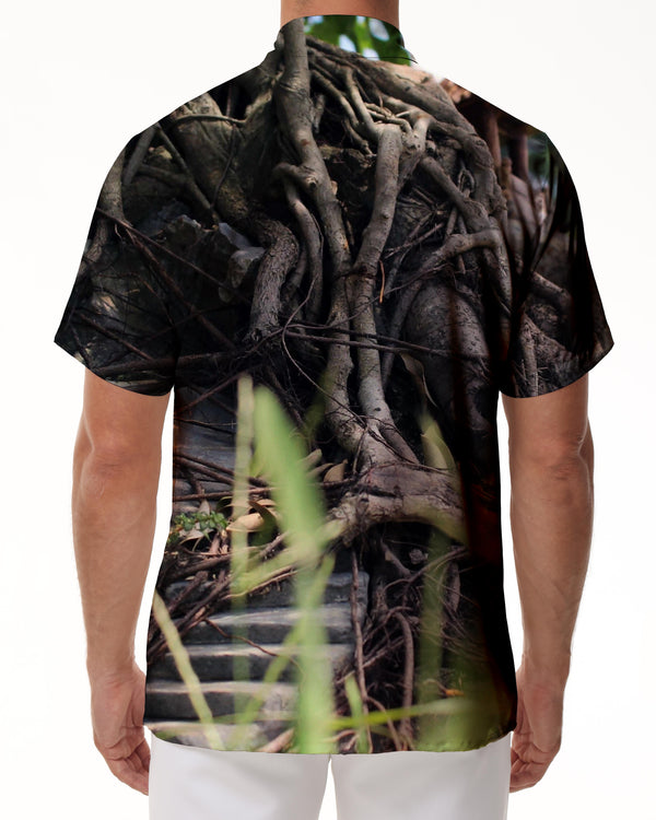 
Tree root print pattern Hawaiian button collar pocket 3D digital print fashion retro style casual loose men's short sleeve top
                