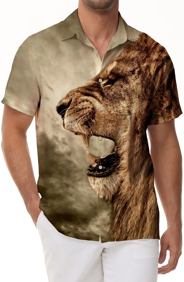 Fierce Animal King Digital Printing Men's Casual Daily Travel Loose Hawaiian Beach Tropical Vacation Beach Seaside Shirt Style