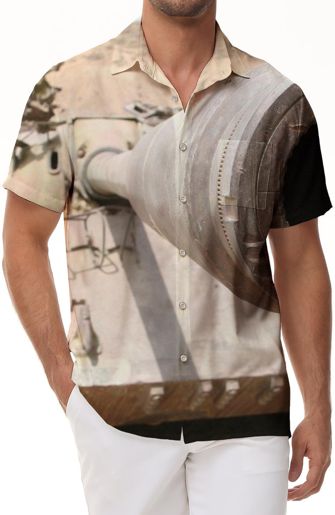 German retro tank and battlefield ruins print Hawaiian button summer lapel four seasons top for men