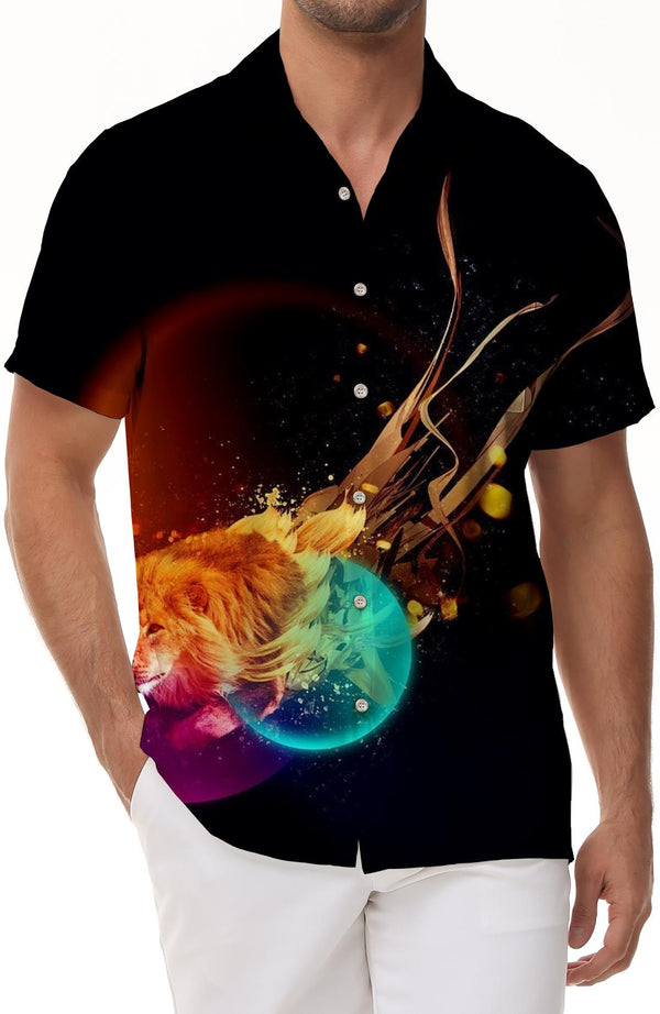 Fire Lion Men's Short Sleeve Shirt Casual Button Shirt Short Sleeve Summer Top with Pockets