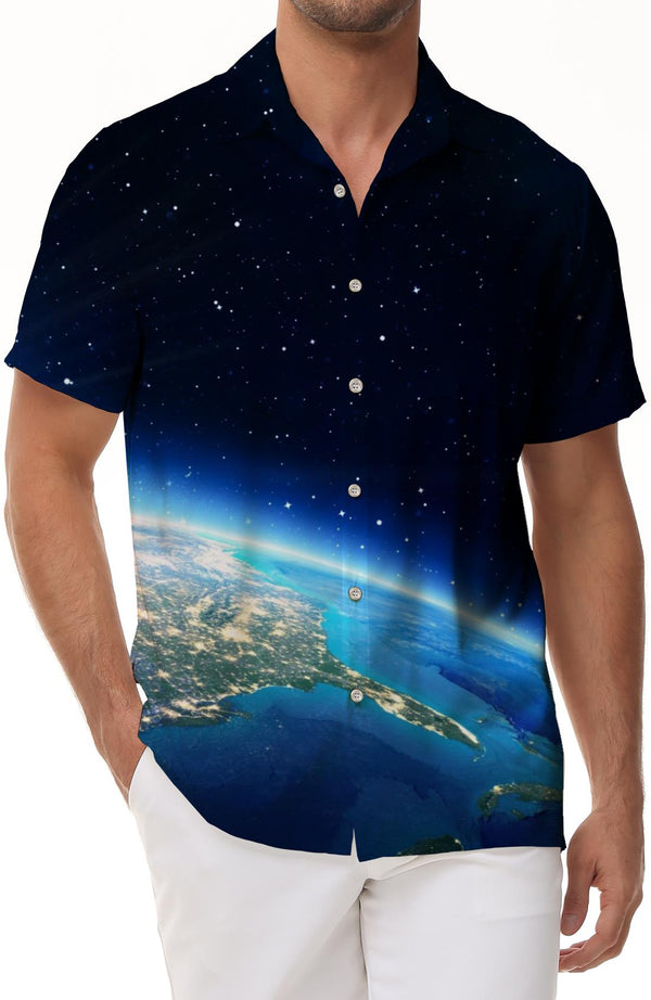 Galaxy outer space earth men's casual loose short sleeve from the beach casual Hawaiian shirt button short sleeve shirt beach