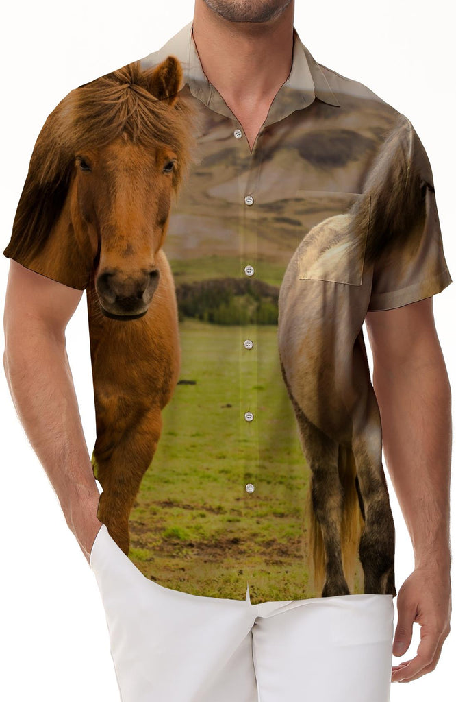 Plateau prairie horse Hawaiian shirt men's beach running wild horse fashionable short-sleeved summer casual clothing