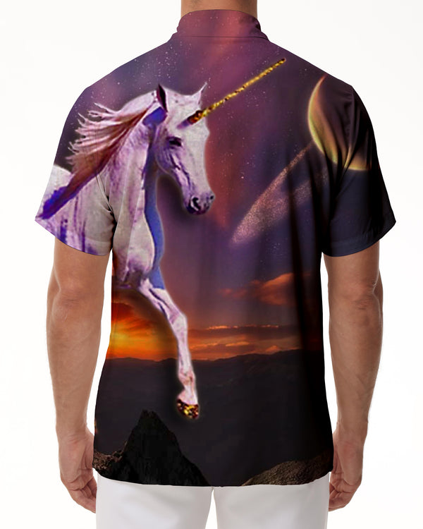 
Starry sky print pink unicorn loose men's short-sleeved button-down shirt breathable simple travel shirt
                