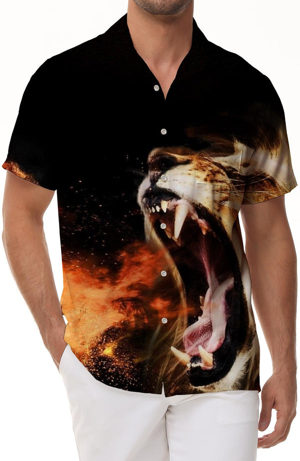 Lion Teeth Sharp Summer Men's Shirt Lion Pattern Print Short Sleeve Shirt Hip Hop Rap Top
