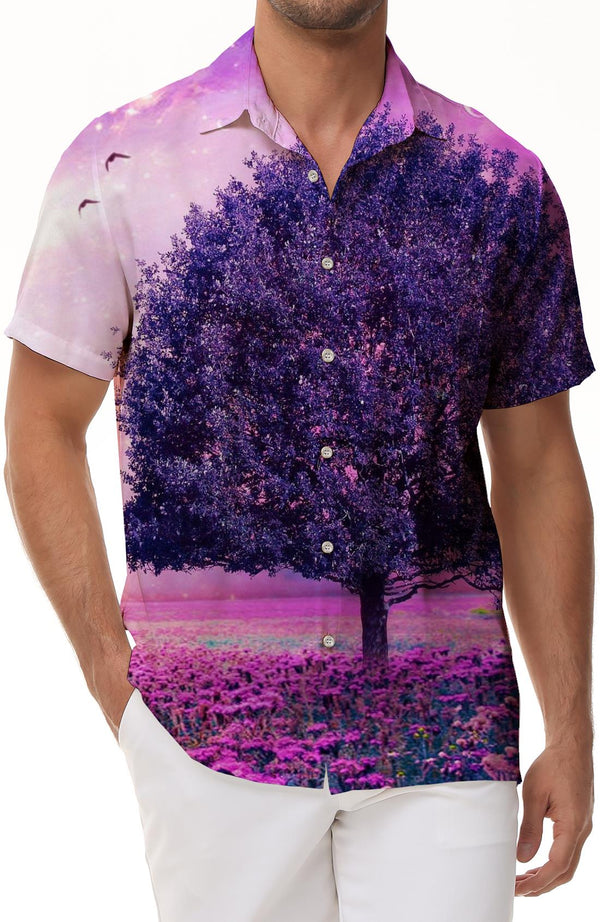 Purple Flower Sea Hawaiian Simple All-match Shirt Comfortable Breathable Men's Loose Hawaiian Short Sleeve Button Shirt Top