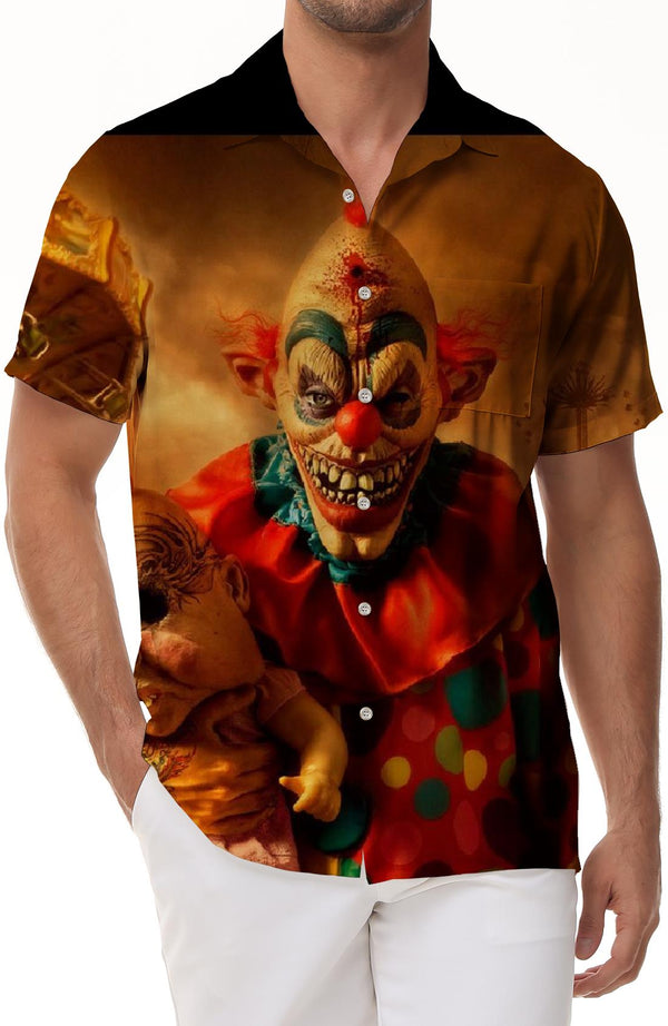 Men's Horror Evil Clown Horror Movie Hawaii Fashion Casual Travel Short Sleeve Button Pocket Lapel Top