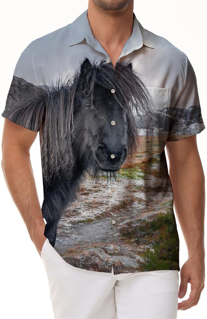 Wildlife Print Lapel Abstract Black Horse Summer Tropical Hawaiian Button Lapel Pocket Casual Shirt Black