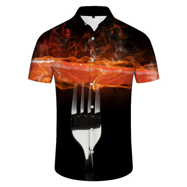
Black grilled sausage food shirt Hawaiian shirt casual short-sleeved button men's simple daily casual style
                