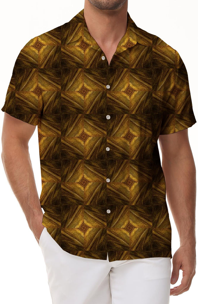 Vintage gold diamond pattern men's short sleeve shirt for summer casual fashion unique design tops and shirts