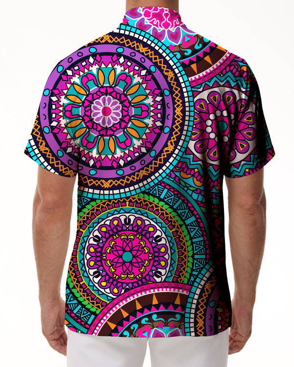 
Blue and purple mandala retro pattern geometric fashionable Hawaiian holiday beach seaside short-sleeved men's casual button shirt
                