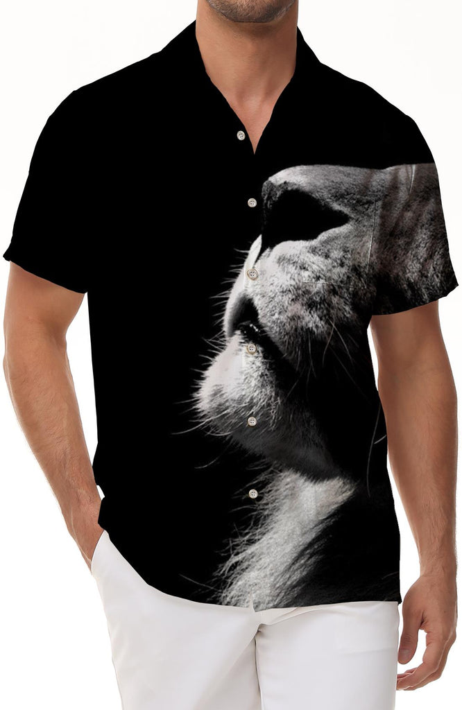 Black lion cub men's summer casual print button down lapel shirt short sleeve top shirt short sleeve sportswear men's summer