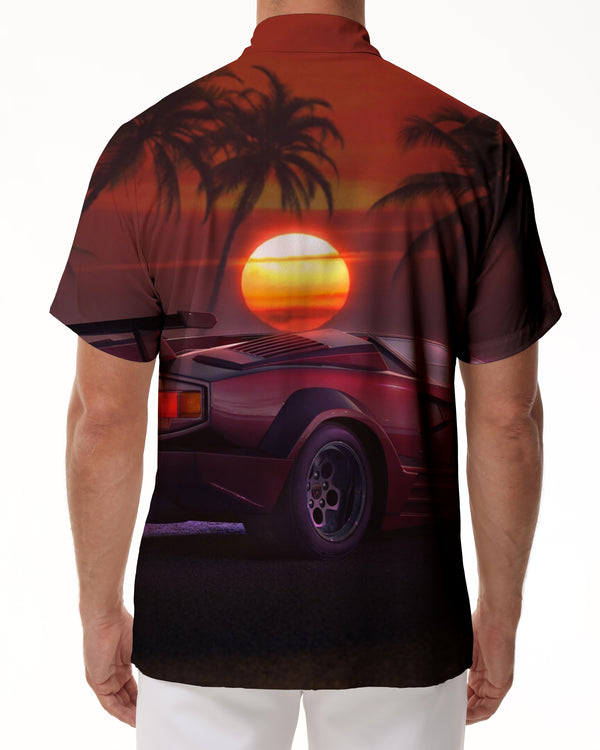 
Red sports car seaside coconut tree sunset view Hawaiian button tropical lapel summer men's casual loose daily street outdoor
                