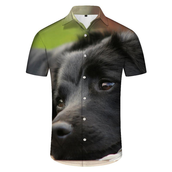 
Cute black Labrador retriever men's summer casual loose vacation seaside beach short-sleeved Hawaiian tropical lapel short-sleeved shirt button-down
                