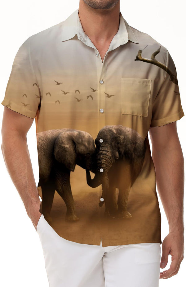 Elephant in the Desert Short Sleeve Lapel Shirt Comfortable Casual Loose Fit Men's Shirt Casual Button Beach Wear