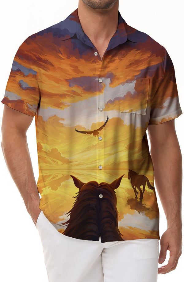 Colorful Brown Horse and Eagle Hawaiian Shirt Myth Horse Casual Summer Beach Men's Button Down Shirt Short Sleeve