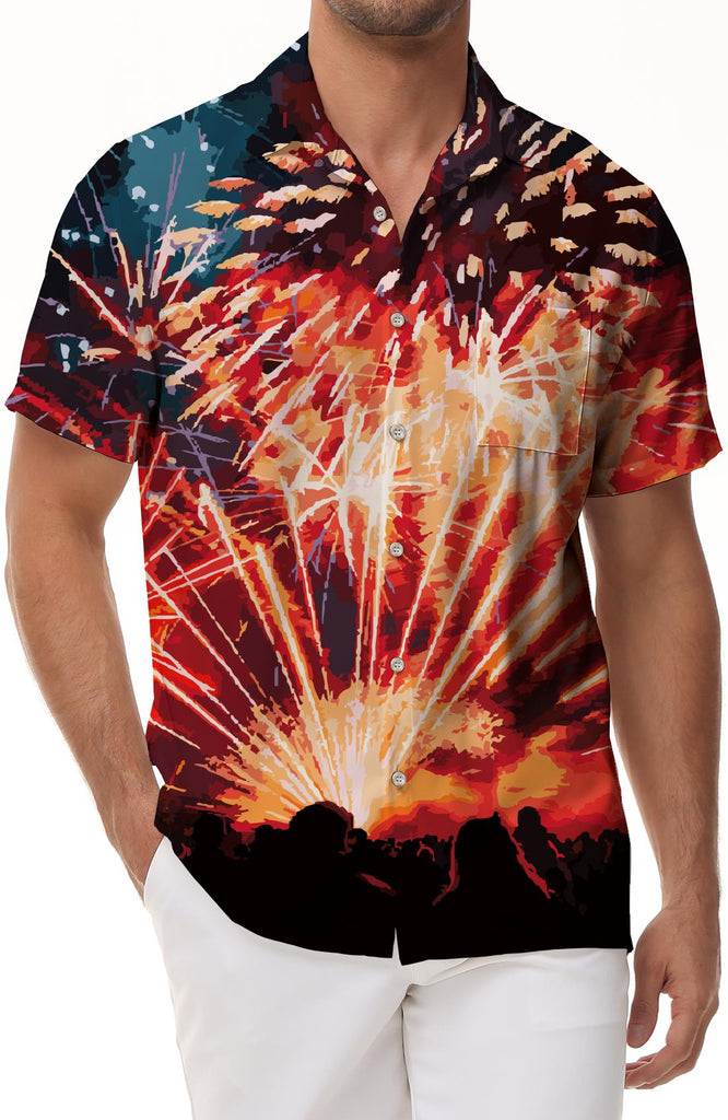 Beautiful fireworks 3D print Cuban collar short sleeve shirt for men's beach and casual wear