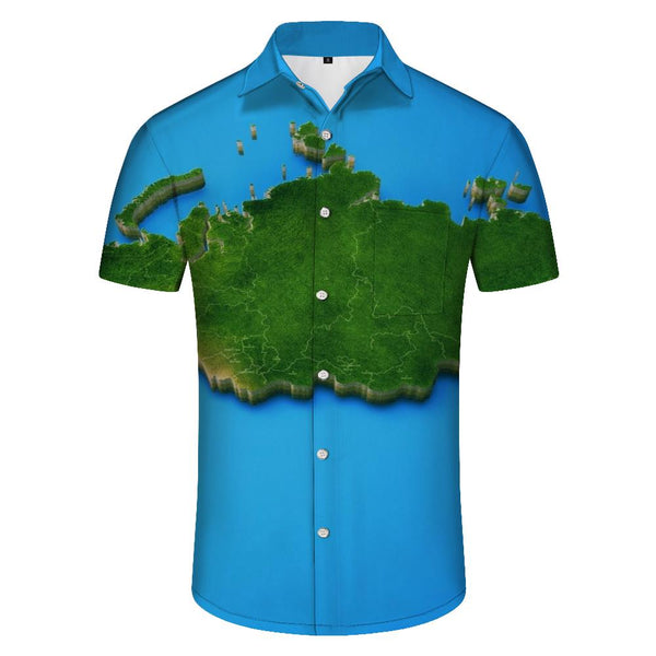 
World map pattern men's casual daily street pine tropical rainforest Hawaii short sleeve button short sleeve loose shirt interesting
                