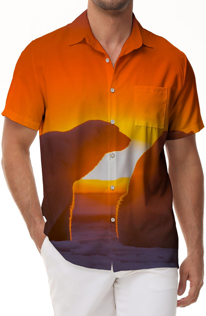 Sunset Fun Polar Bear Men's Vintage Shirt Short Sleeve Button Hawaiian Shirt Casual Vacation Beach Summer