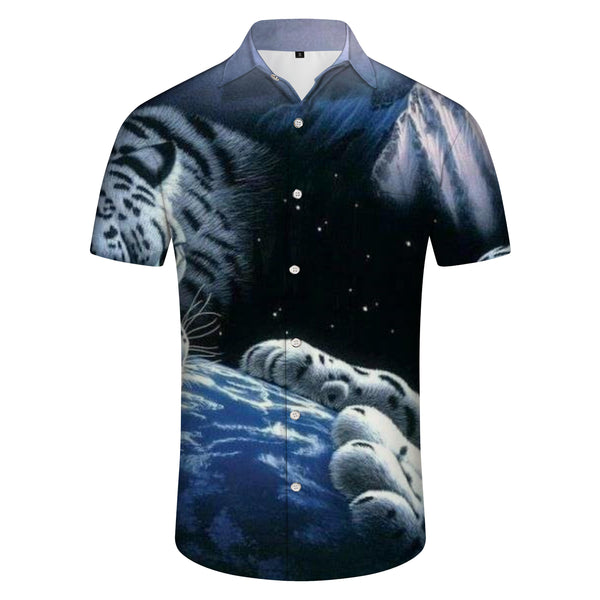 
White Tiger Family Full Moon Men's Short Sleeve Shirt Casual Button Summer Beach Shirt Classic Fit Tops
                