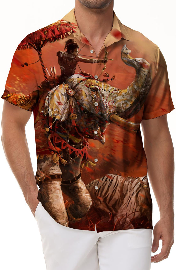 Ancient cool new 3D printed oil painting elephant pattern casual men's fashion retro personality four seasons short-sleeved top beach clothing