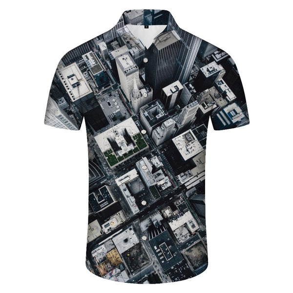 
High-rise buildings 3D digital printing men's casual short-sleeved button-down shirt Hawaiian trendy beach seaside tops
                