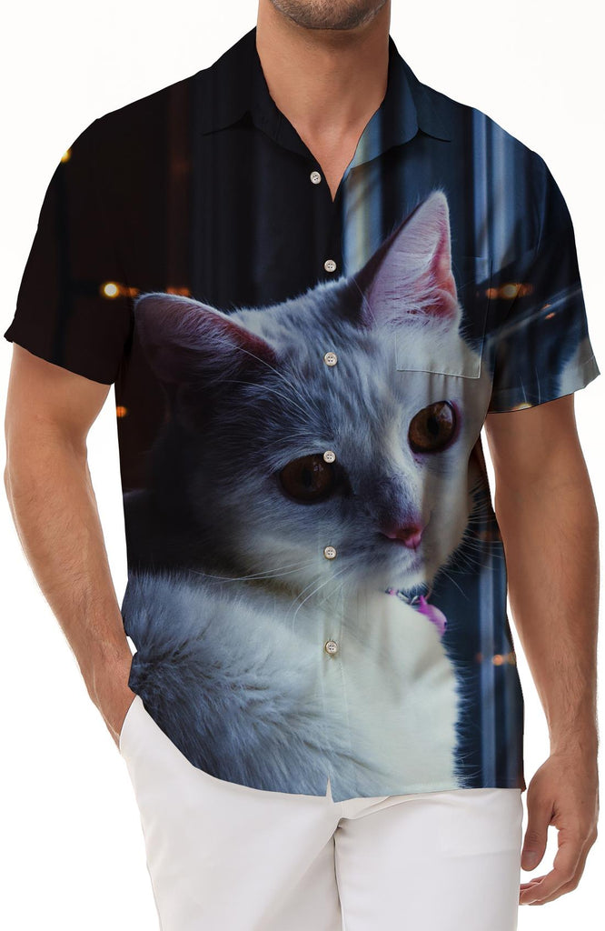 White Cat Hawaiian Shirt Men's Short Sleeve Hawaiian Shirt Men's Funny Cat Beach Shirt