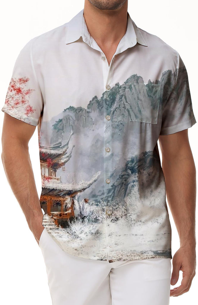Ancient Snow Scene Fashion Beach Hawaiian Button Lapel Pocket Shirt Short Sleeve Casual Men's Style Daily Shirt Short Sleeve Street