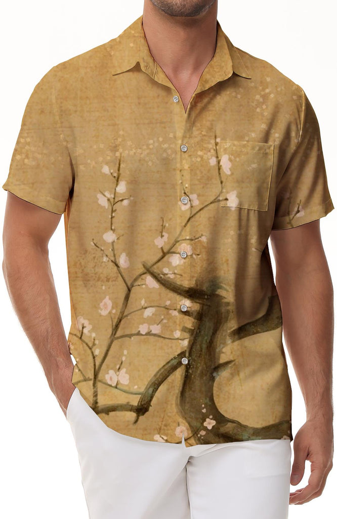 Peach Blossom Style Ancient Art Painting Men's Casual Shirt Short Sleeve Hawaiian Button Pocket Lapel Trend
