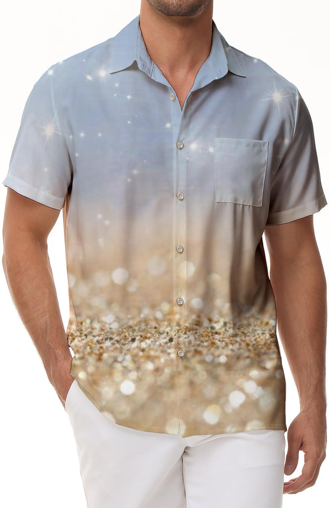 Fashion Button Down Beach Shirt Short Sleeve Summer Casual Mens Hawaiian Shirt Loose Fit Gold Glitter