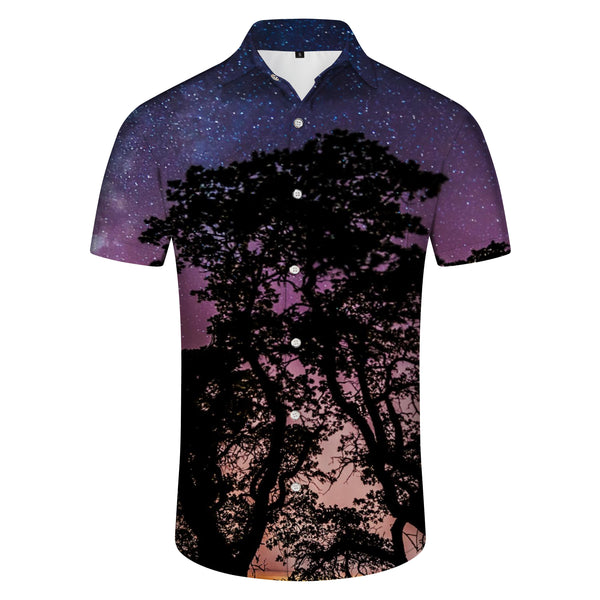 
Fashionable Hawaiian Starry Night Sky Forest Pattern Shirt Button-down Holiday Casual Short Sleeve Men's Loose Beach Vacation Shirt
                