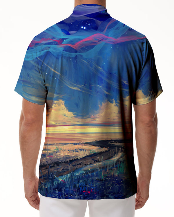 
Oil painting landscape art style summer clouds shirt men's Hawaiian casual short sleeve shirt pattern button pocket top fashion
                