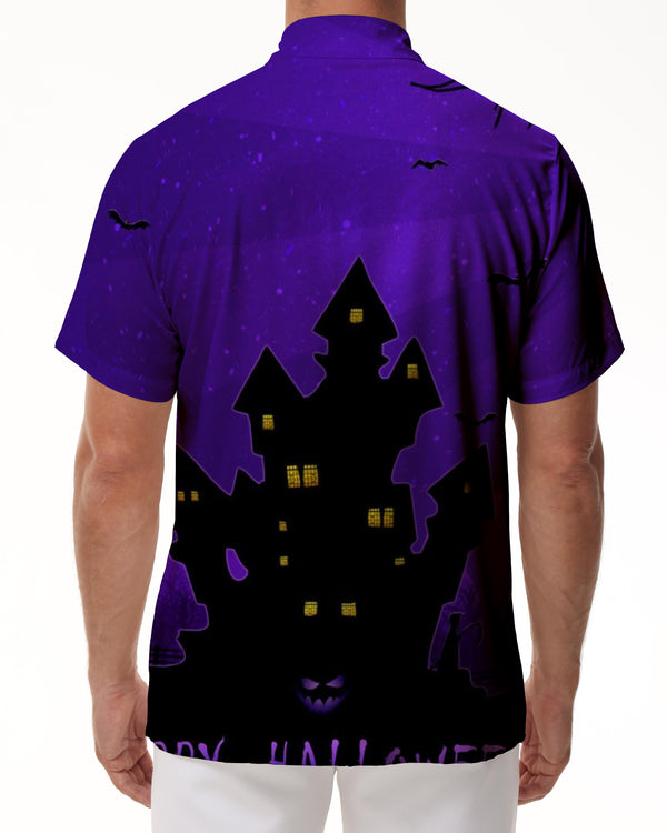 
Purple Halloween Shadow Castle Shirt Hawaiian Loose Short Sleeve Button Shirt Bat Print Top
                