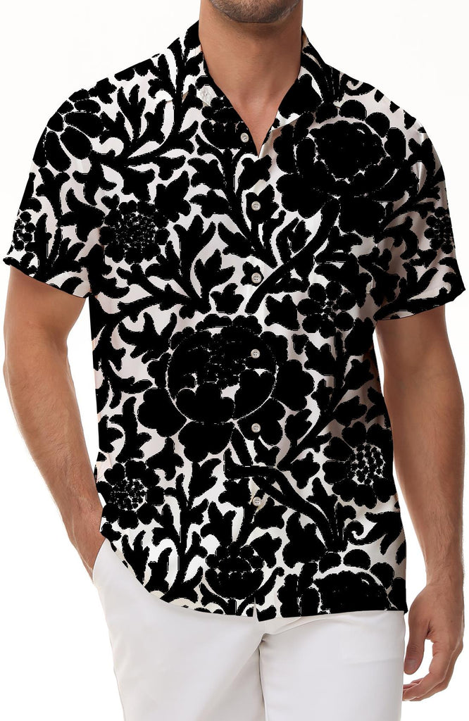 Patterned black pattern cool hip-hop fashion men's casual daily street travel short-sleeved shirt tropical Hawaiian button lapel seaside top
