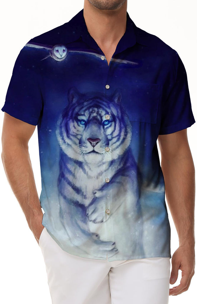 Cute Blue Tiger Pattern Button-Down Short Sleeve Shirt Button Pocket Lapel Mens Hawaiian Beach Outfit