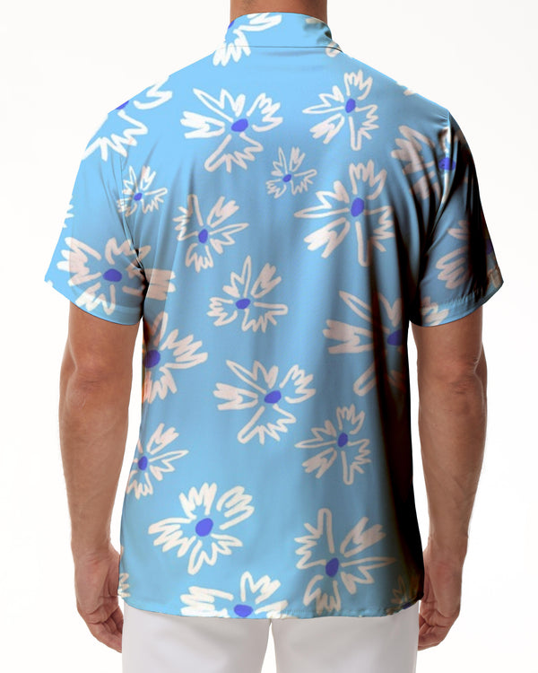 
Blue men's retro daisy flower seaside play floral print short-sleeved shirt loose lapel button short-sleeved shirt Hawaiian style
                