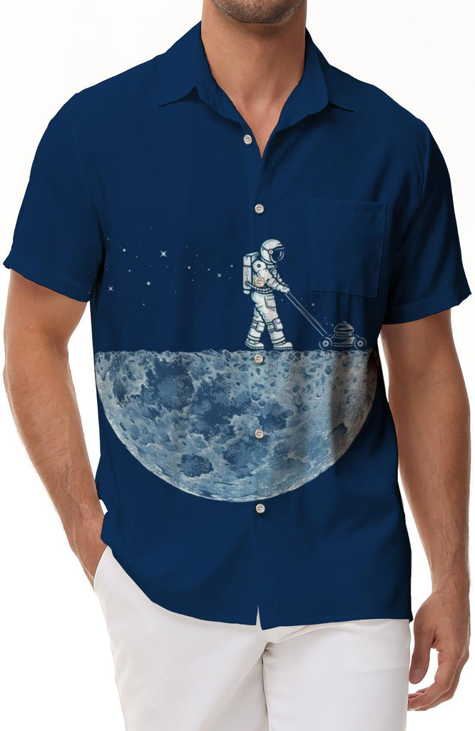 Personalized Moon Print Hawaiian Button Lapel Men's Loose Astronaut Shirt Digital Printing Casual Travel Seaside Short Sleeve Shirt Beach Blue