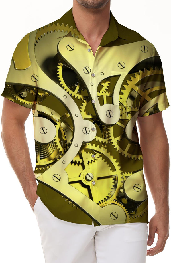 Cool Steampunk Gear Pattern Men's Casual Button Short Sleeve Shirt Hawaii Beach