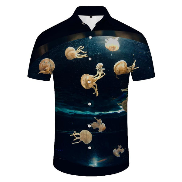 
Tropical Hawaiian button-down lapel pockets colorful jellyfish print pattern men's casual daily travel vacation seaside shirt top beach
                