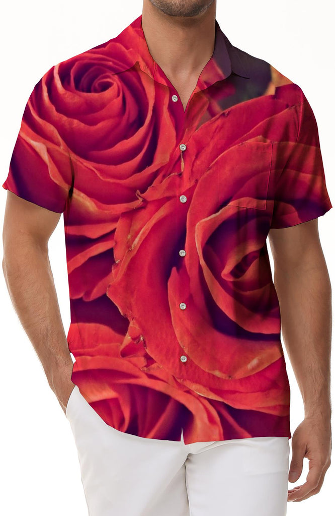 Romantic Vacation Beach Party Men's Casual Button Red Rose Flower Shirt Short Sleeve Cuban Shirt Summer Shirt Print
