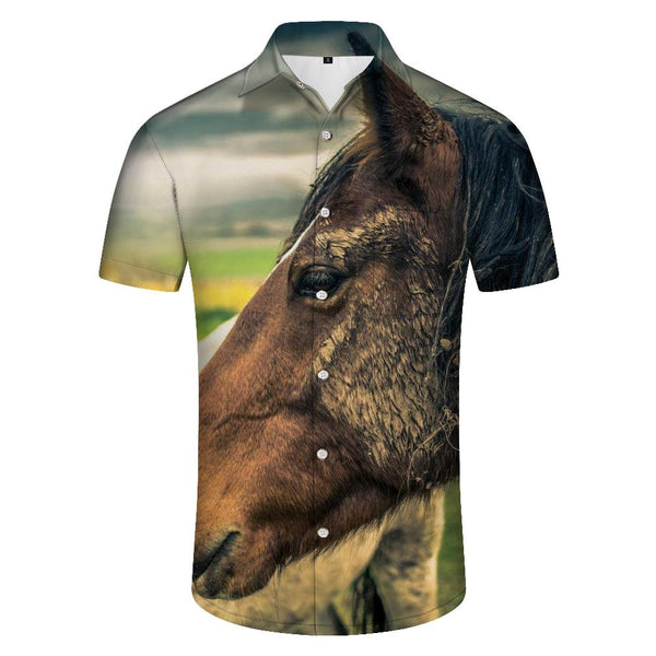 
Horse portrait with brown horse men's Hawaiian shirt short sleeve button down shirt summer tops
                