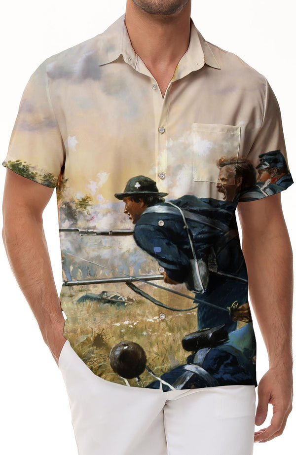WWII War Art Oil Painting Print Short Sleeve Shirt Fashion Retro Print Summer Casual Button Beach Shirt Top Clothing