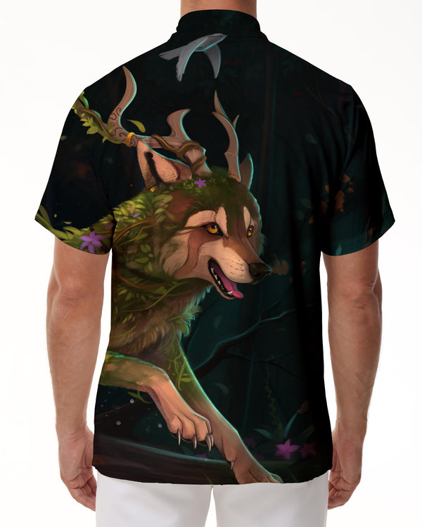 
Disguised cunning wolf retro print Hawaiian style fashion beach tops men's button lapel casual suitable for summer beach seaside play
                