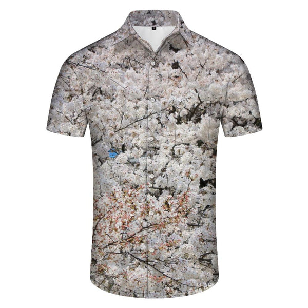 
White cherry blossom 3d digital printing travel street fishing men's casual loose Hawaiian tropical four seasons button short sleeve shirt lapel
                