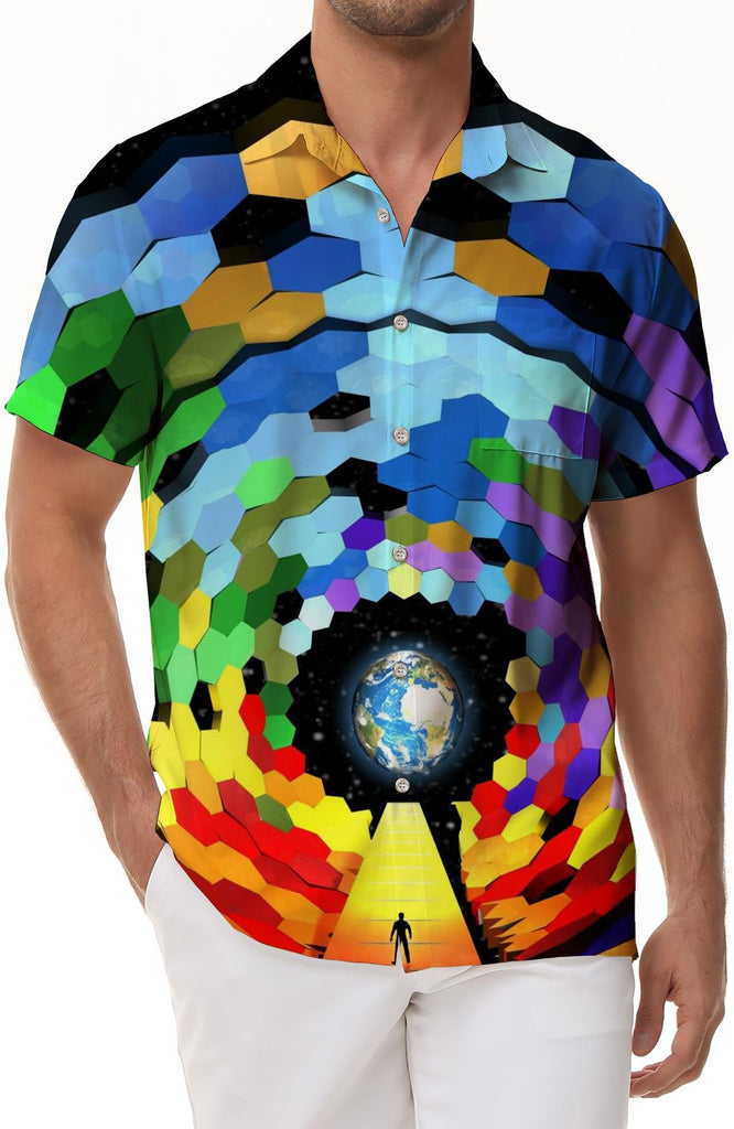 Geometric round rainbow stripe print men's shirt short sleeve trendy fashion retro style Hawaiian button pocket short sleeve shirt lapel