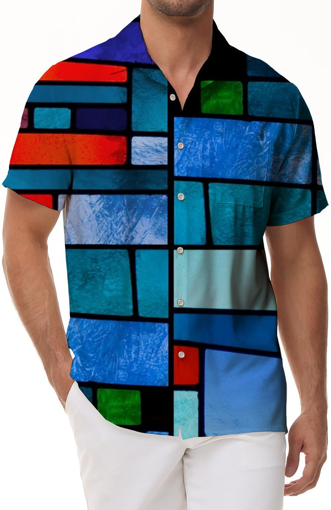 Mondrian Style Digital Printing Men's Casual Short Sleeve Hawaiian Shirt Casual Beach Work Shirt