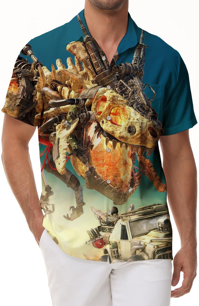 Funny Dinosaur Hawaiian Shirt Men's Casual Loose Daily Travel Short Sleeve Shirt Hawaiian Button Lapel Pocket Short Sleeve Shirt Dinosaur