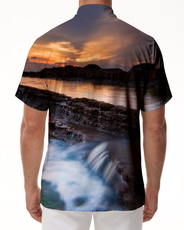 
Sunset seaside landscape pattern stylish Hawaiian casual button-down lapel shirt button short sleeve top
                