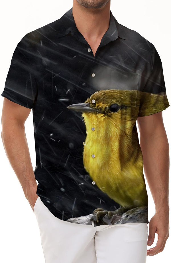 Cute Yellow Bird Snow Night Animal Men's Casual Style Shirt Short Sleeve Street 3D Printed Pattern Hawaiian Button Lapel Pocket