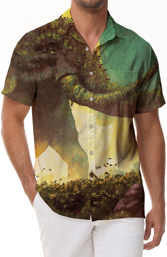 Ancient mythical beast giant elephant tropical short-sleeved button-down men's beach shirt digital printing Hawaii new fashion short-sleeved shirt